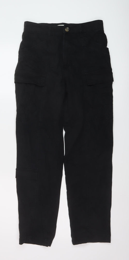 H&M Womens Black Cotton Trousers Size 8 L28 in Regular Button