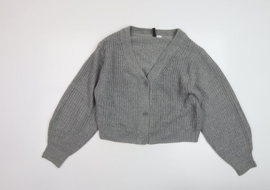 H&M Womens Grey V-Neck Acrylic Cardigan Jumper Size L