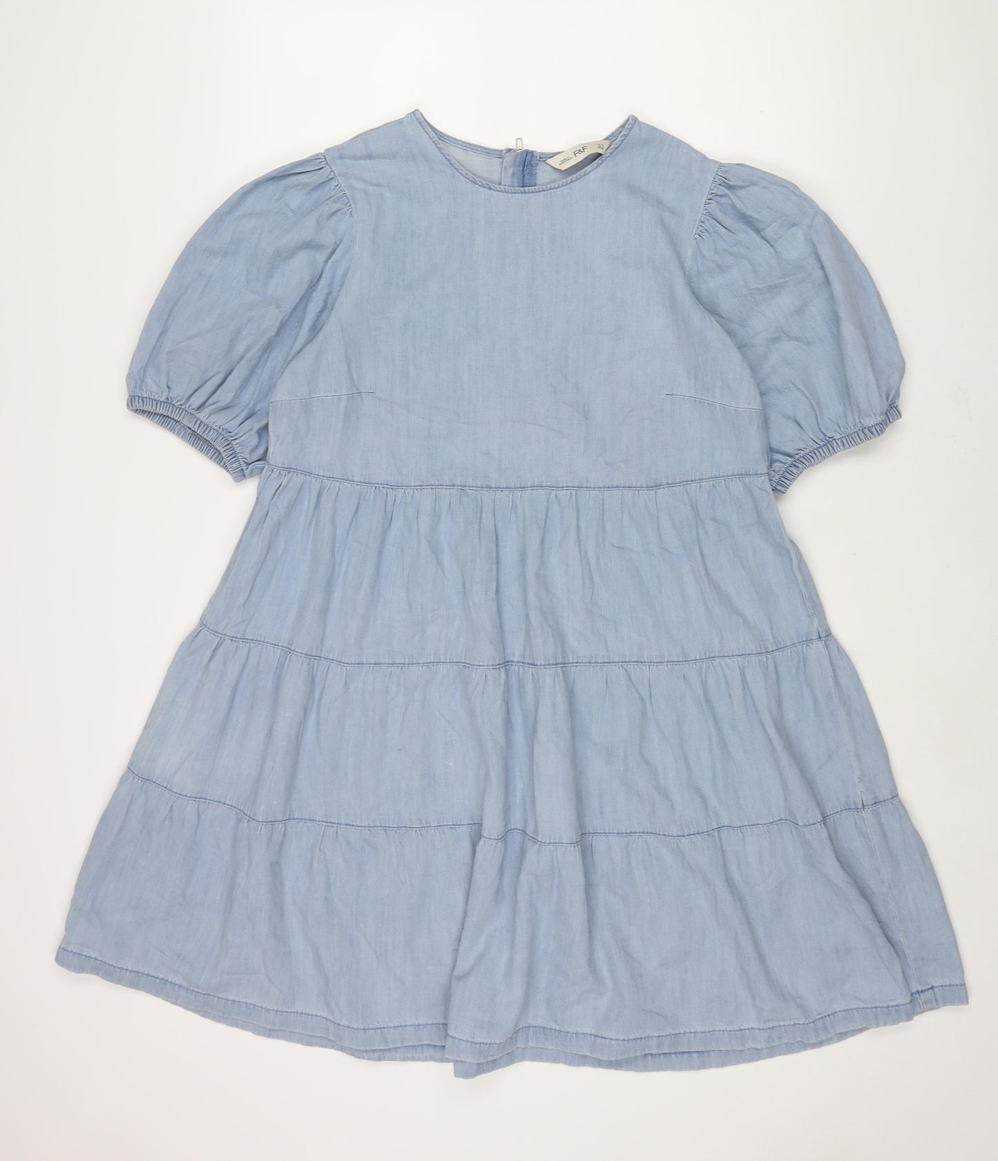 F&F Womens Blue Cotton A-Line Size 10 Round Neck Zip - Smocked