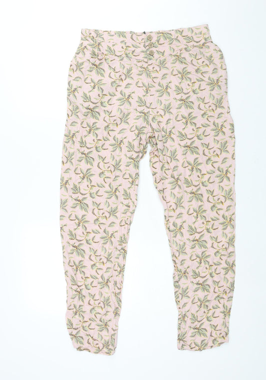 Marks and Spencer Womens Pink Geometric Viscose Harem Trousers Size 12 L29 in Regular Button - Leaf Print