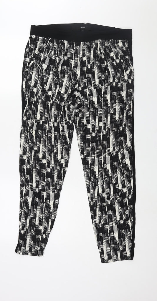 NEXT Womens Black Geometric Viscose Harem Trousers Size 16 L30 in Regular - Elasticated Waist