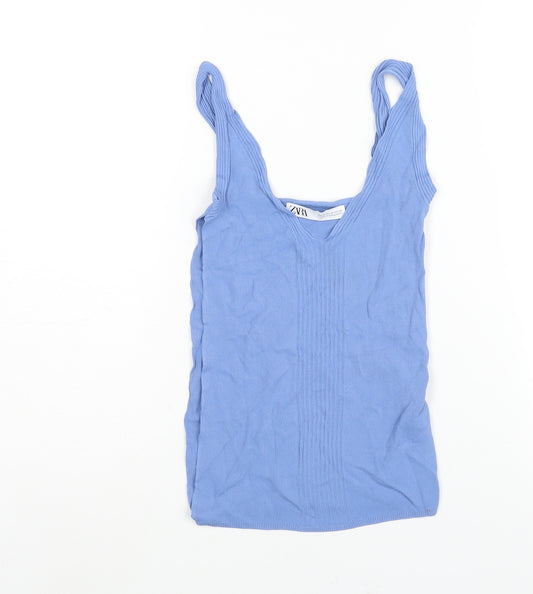 Zara Womens Blue V-Neck Viscose Vest Jumper Size S - Side Vent