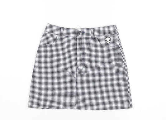 Pull&Bear Womens Blue Check Cotton A-Line Skirt Size S Zip - Embroidered Alien Detail