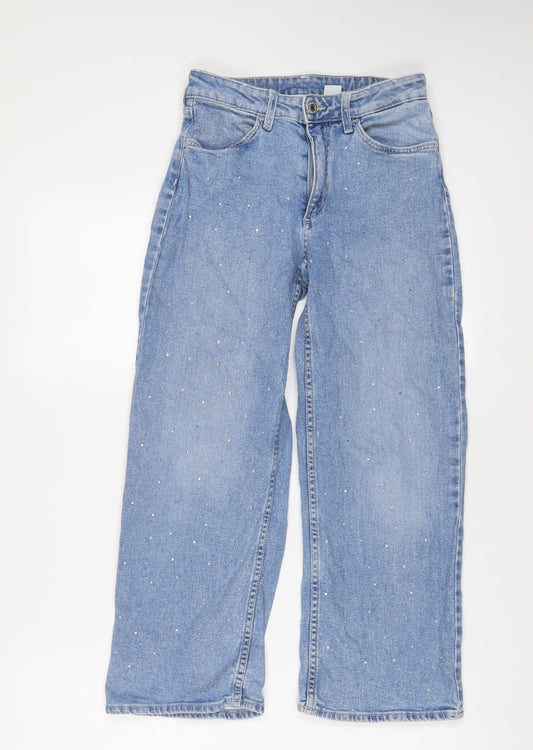 H&M Girls Blue Cotton Wide-Leg Jeans Size 9-10 Years L20 in Regular Zip - Studded