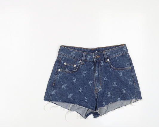 H&M Womens Blue Geometric Cotton Basic Shorts Size 8 Regular Zip - Love