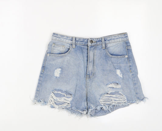 PRETTYLITTLETHING Womens Blue Cotton Basic Shorts Size 8 L3 in Regular Zip - Distressed