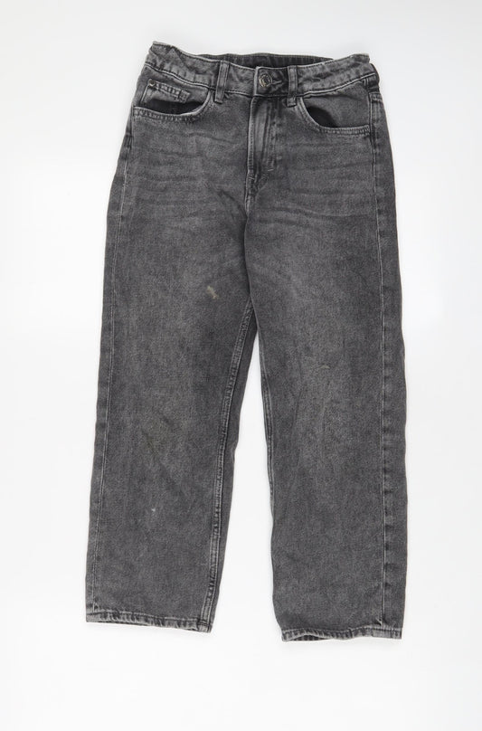 H&M Girls Grey Cotton Wide-Leg Jeans Size 9-10 Years L23 in Relaxed Zip