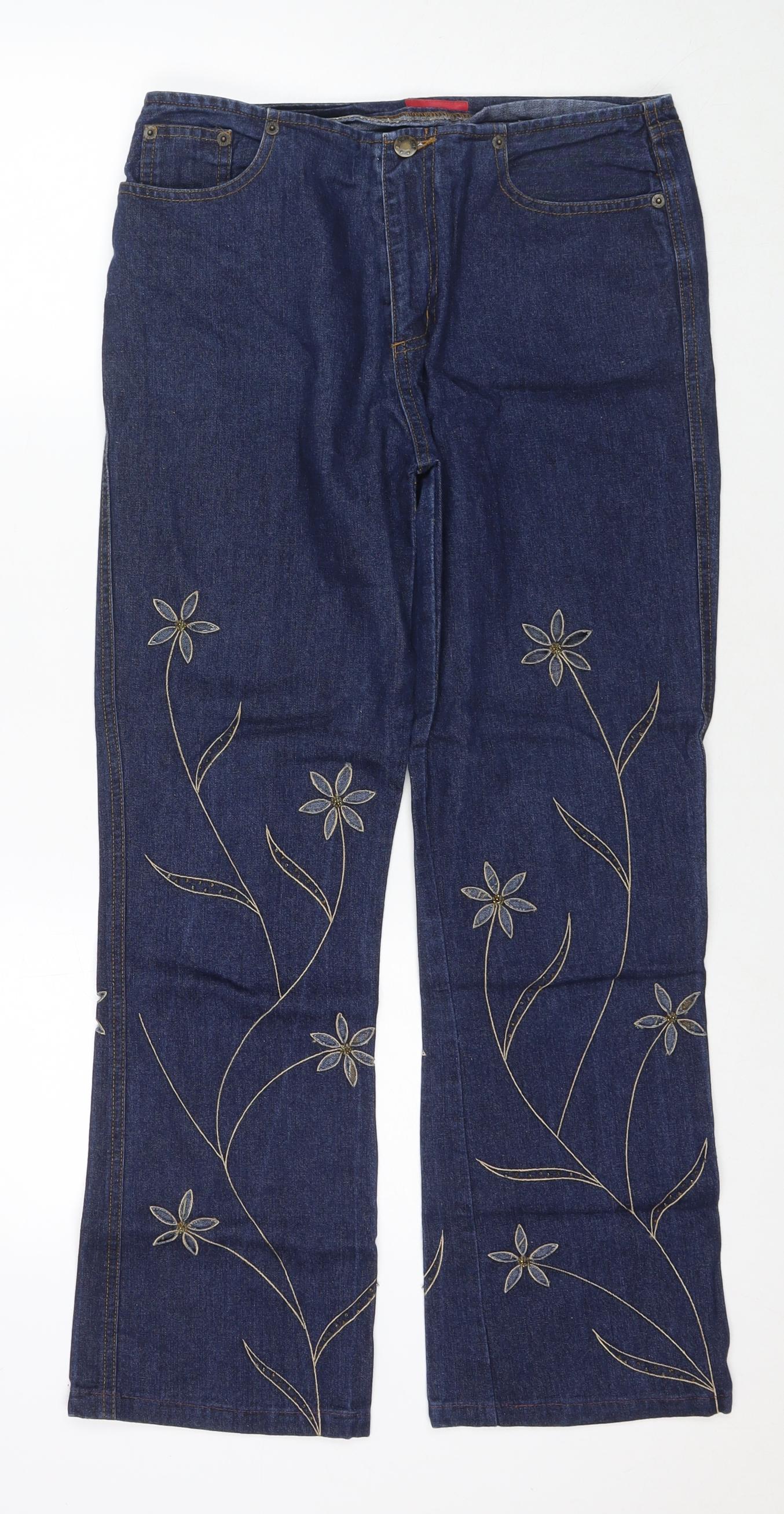 Per Una Womens Blue Cotton Straight Jeans Size 10 L28 in Regular Zip - Embraided Flowers