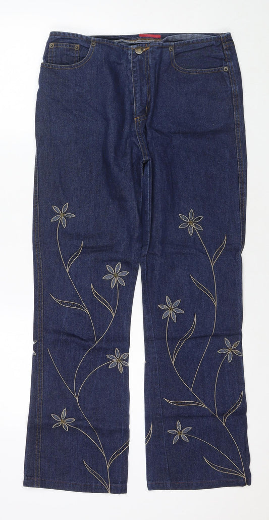 Per Una Womens Blue Cotton Straight Jeans Size 10 L28 in Regular Zip - Embraided Flowers