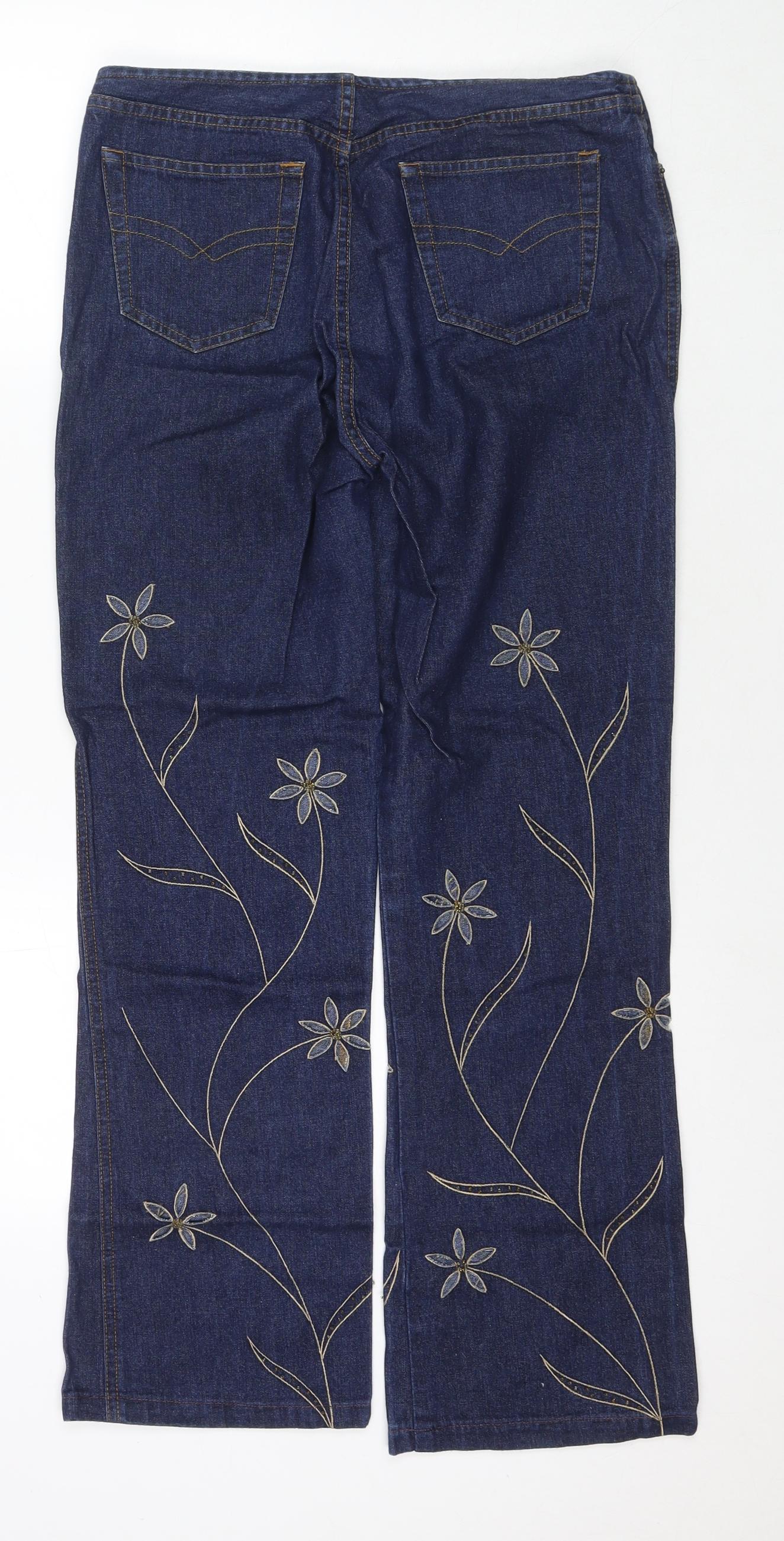 Per Una Womens Blue Cotton Straight Jeans Size 10 L28 in Regular Zip - Embraided Flowers