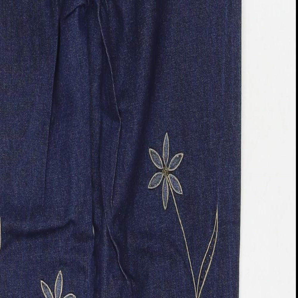 Per Una Womens Blue Cotton Straight Jeans Size 10 L28 in Regular Zip - Embraided Flowers