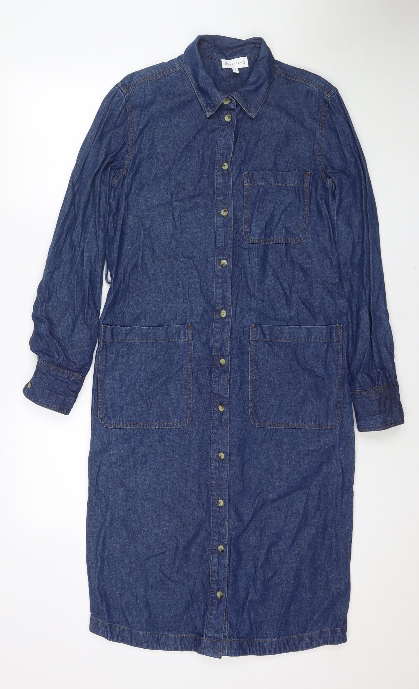 Warehouse Womens Blue Cotton Shirt Dress Size 10 Collared Button