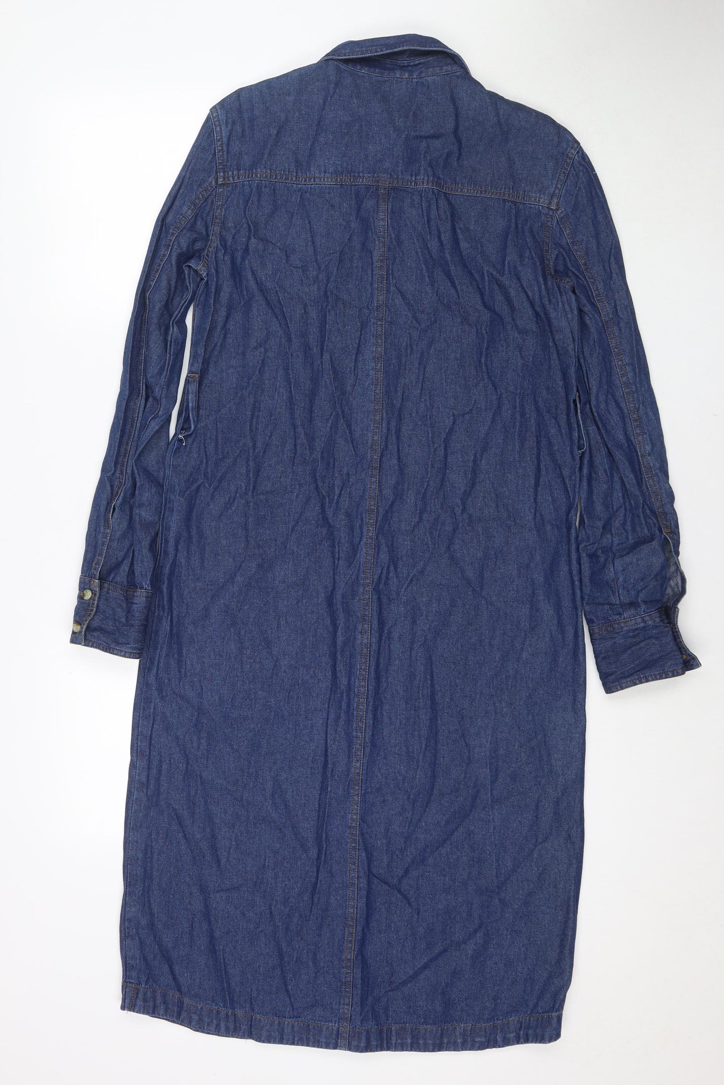 Warehouse Womens Blue Cotton Shirt Dress Size 10 Collared Button