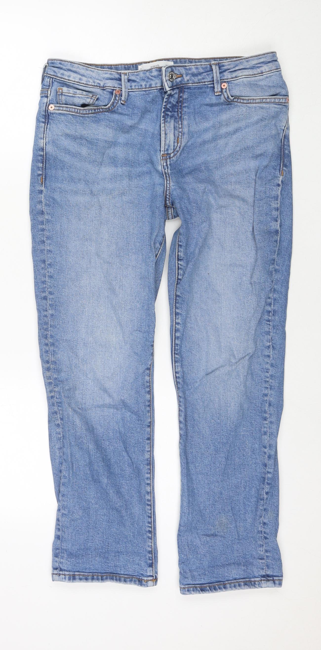 Mango Womens Blue Cotton Straight Jeans Size 12 L24 in Regular Zip