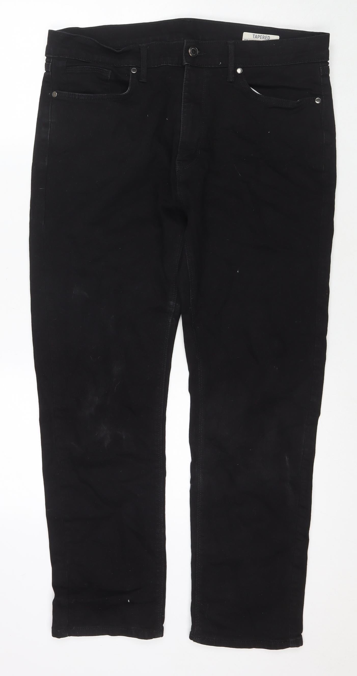 Marks and Spencer Mens Black Cotton Straight Jeans Size 36 in L29 in Regular Zip