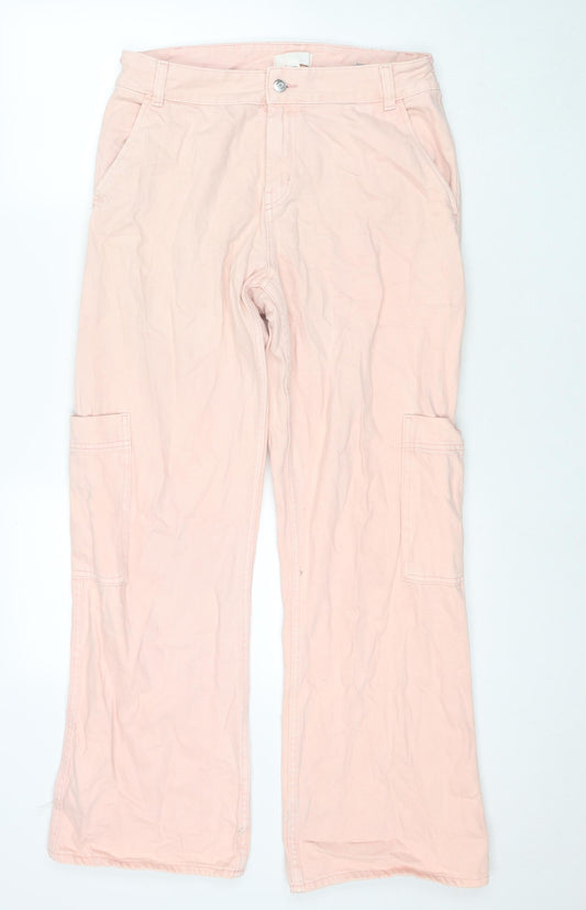 H&M Womens Pink Cotton Wide-Leg Jeans Size 12 L30 in Regular Zip - Cargo Style