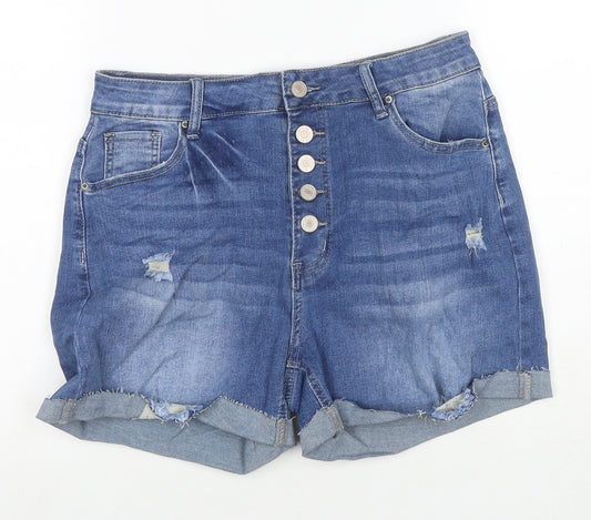 Surprise Womens Blue Cotton Hot Pants Shorts Size L L4 in Regular Button