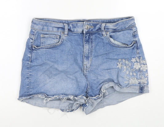 Marks and Spencer Womens Blue Cotton Hot Pants Shorts Size 14 L3 in Regular Zip - Embraided Flowers