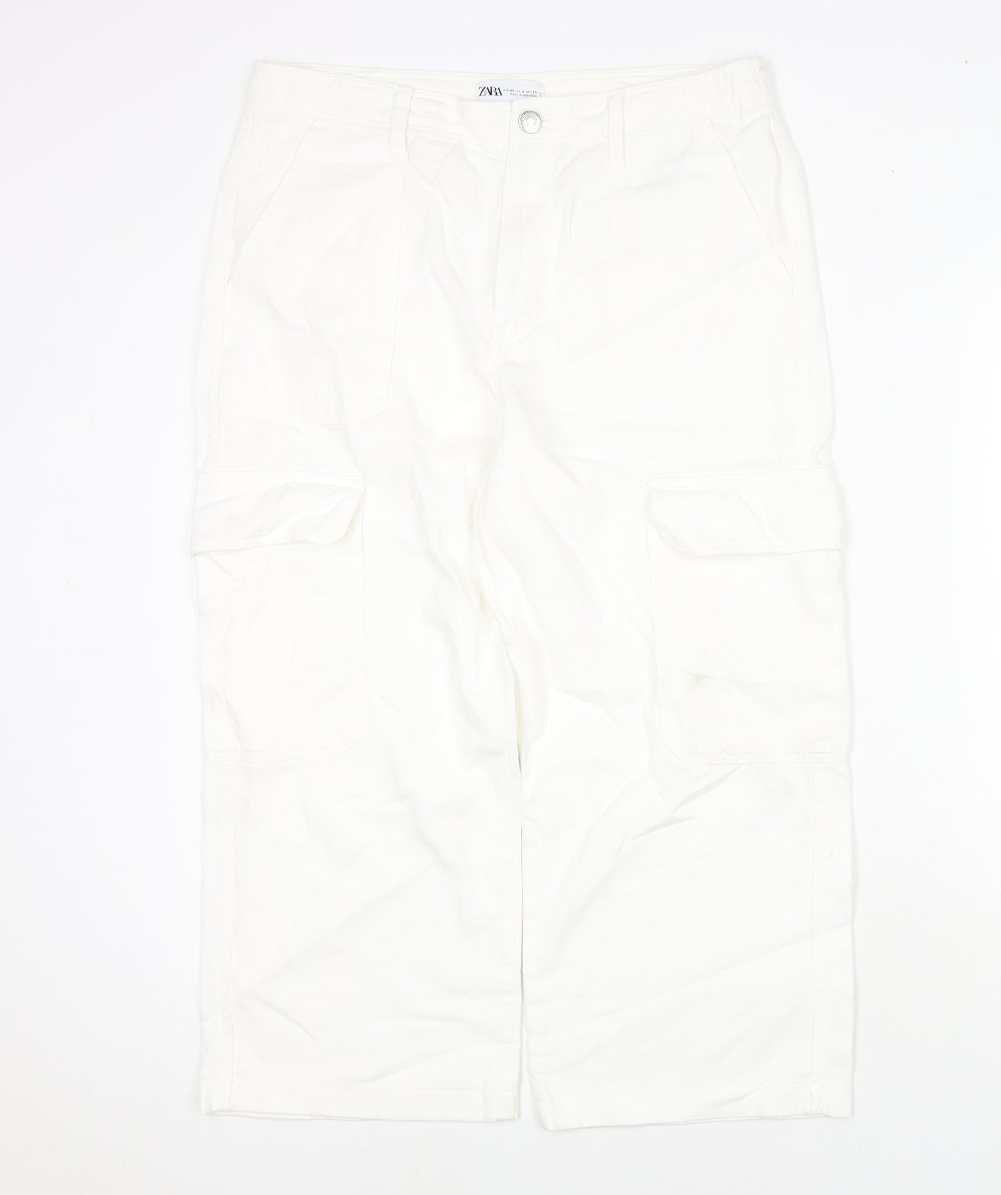 Zara Womens White Cotton Cropped Jeans Size 12 L21 in Regular Zip - Cargo Style