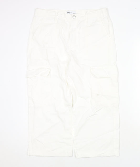 Zara Womens White Cotton Cropped Jeans Size 12 L21 in Regular Zip - Cargo Style