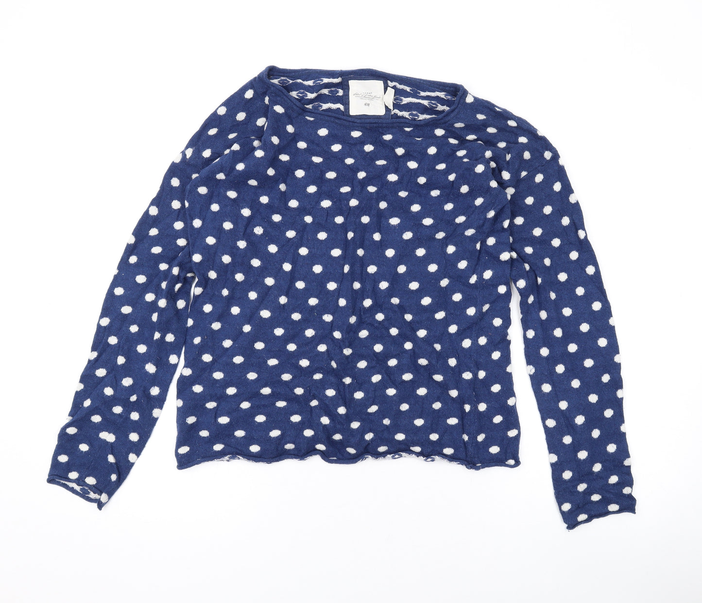 H&M Womens Blue Scoop Neck Polka Dot Cotton Pullover Jumper Size S