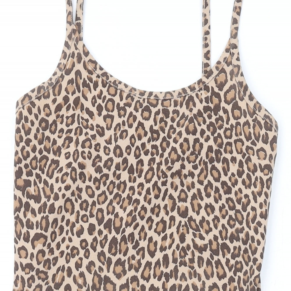 PRETTYLITTLETHING Womens Brown Animal Print Polyester Mini Size 8 Scoop Neck Pullover