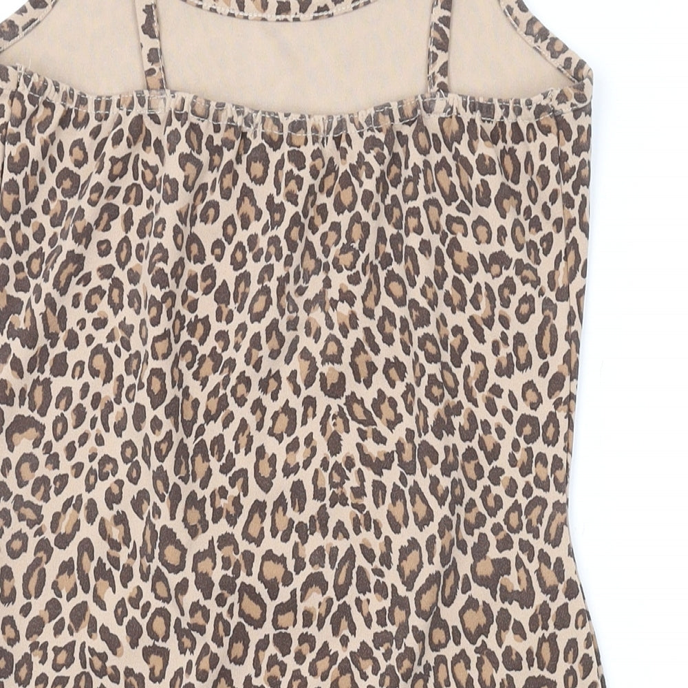 PRETTYLITTLETHING Womens Brown Animal Print Polyester Mini Size 8 Scoop Neck Pullover