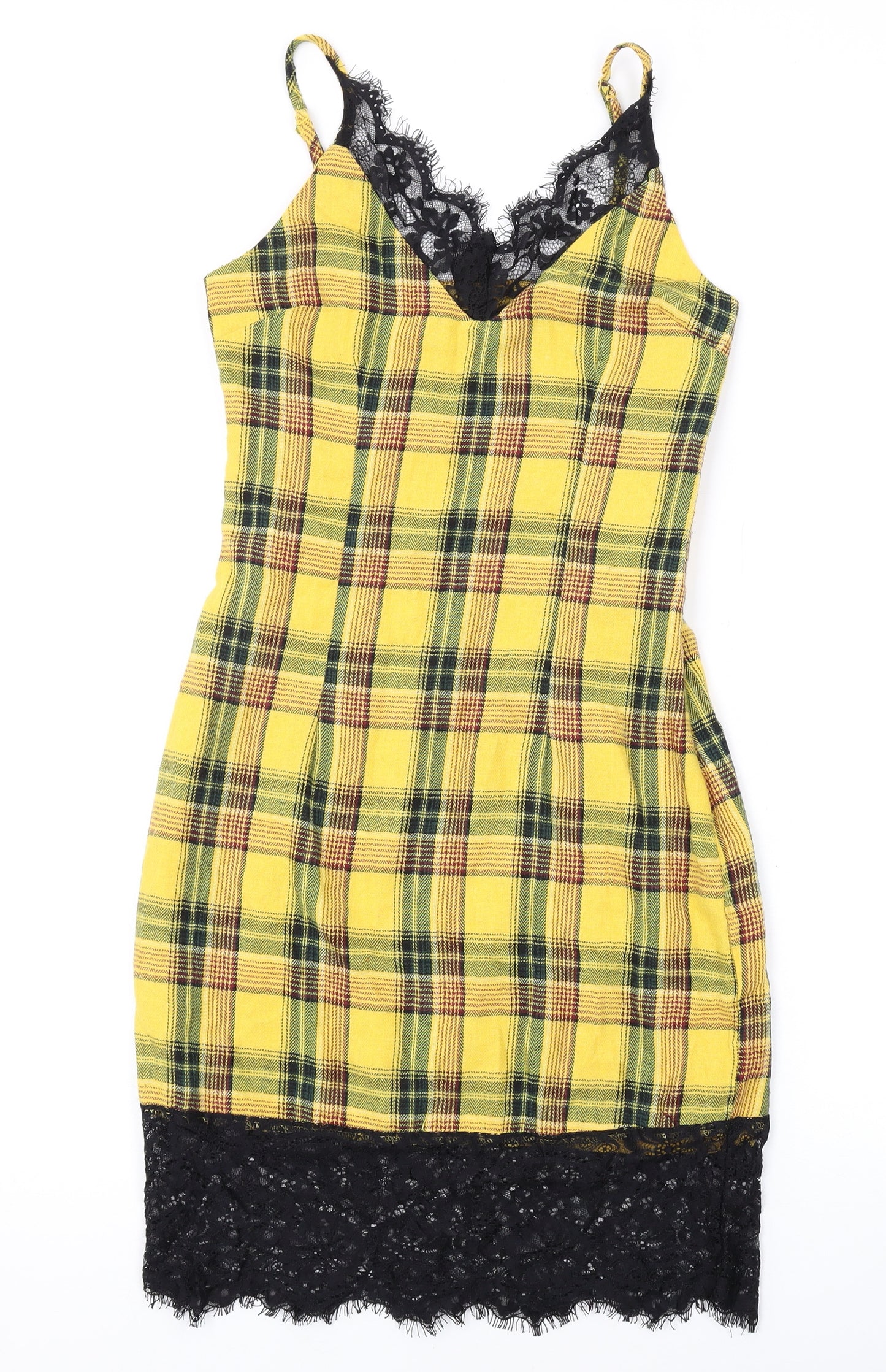 Missguided Womens Yellow Plaid Cotton Bodycon Size 6 V-Neck Zip - Madison Beer