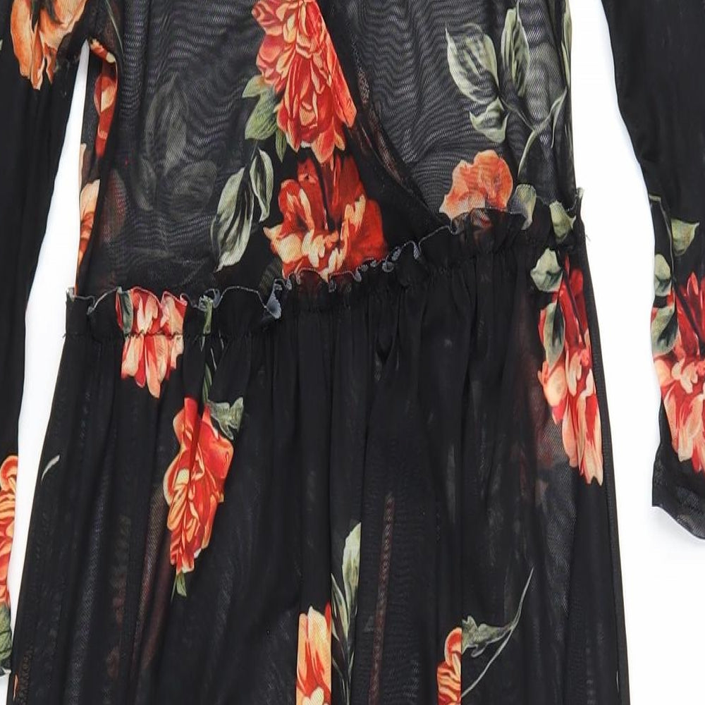 New Look Womens Black Floral Polyester A-Line Size 6 V-Neck Tie