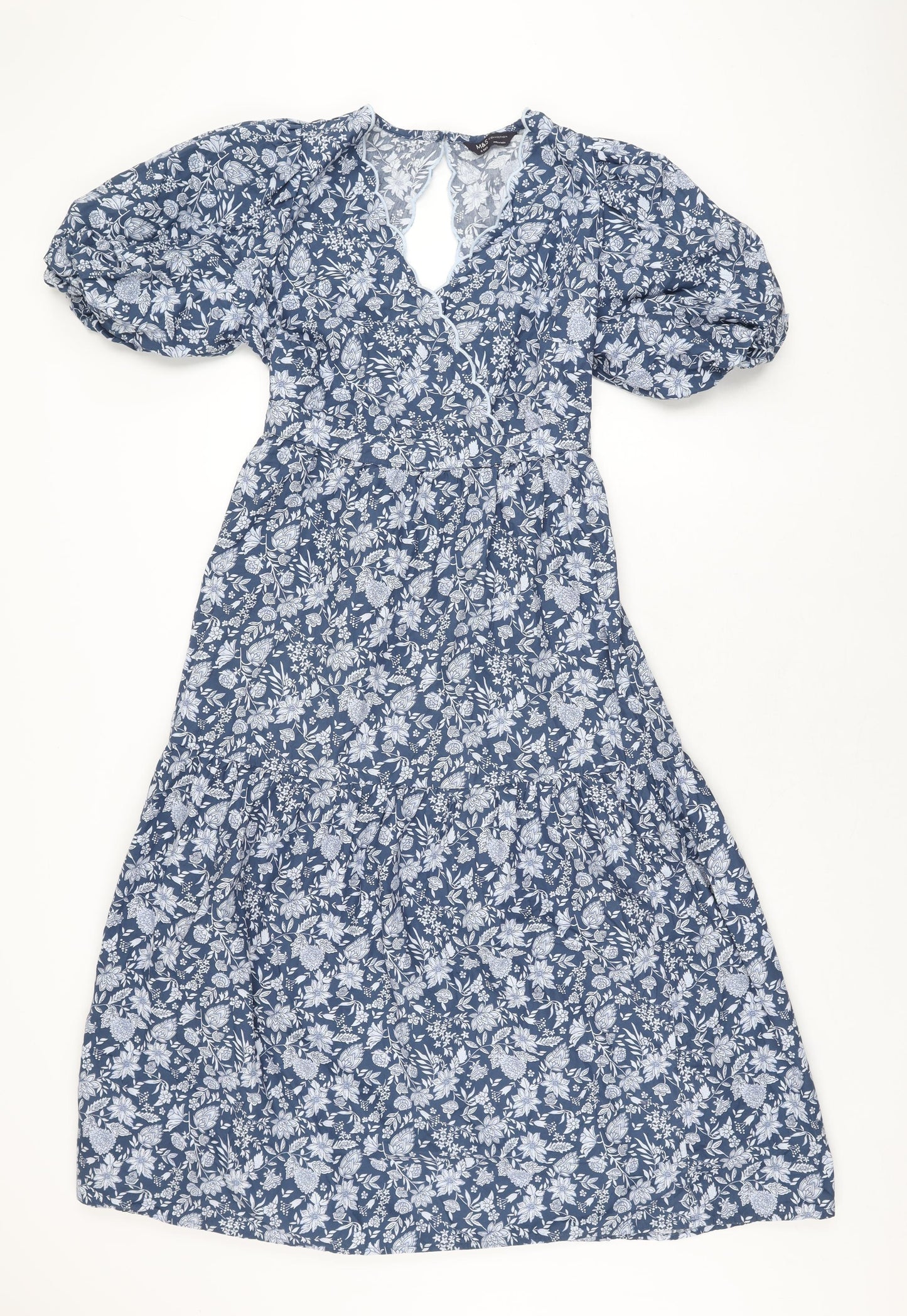 Marks and Spencer Womens Blue Floral Cotton A-Line Size 8 V-Neck Button