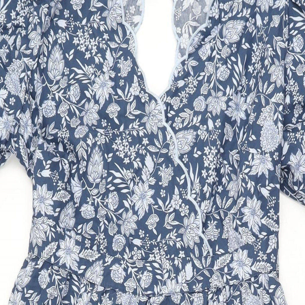 Marks and Spencer Womens Blue Floral Cotton A-Line Size 8 V-Neck Button