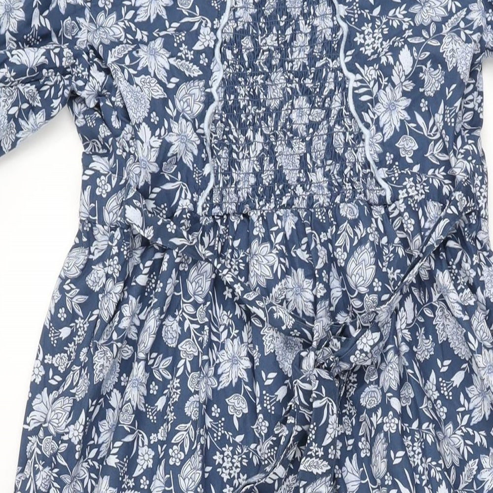 Marks and Spencer Womens Blue Floral Cotton A-Line Size 8 V-Neck Button