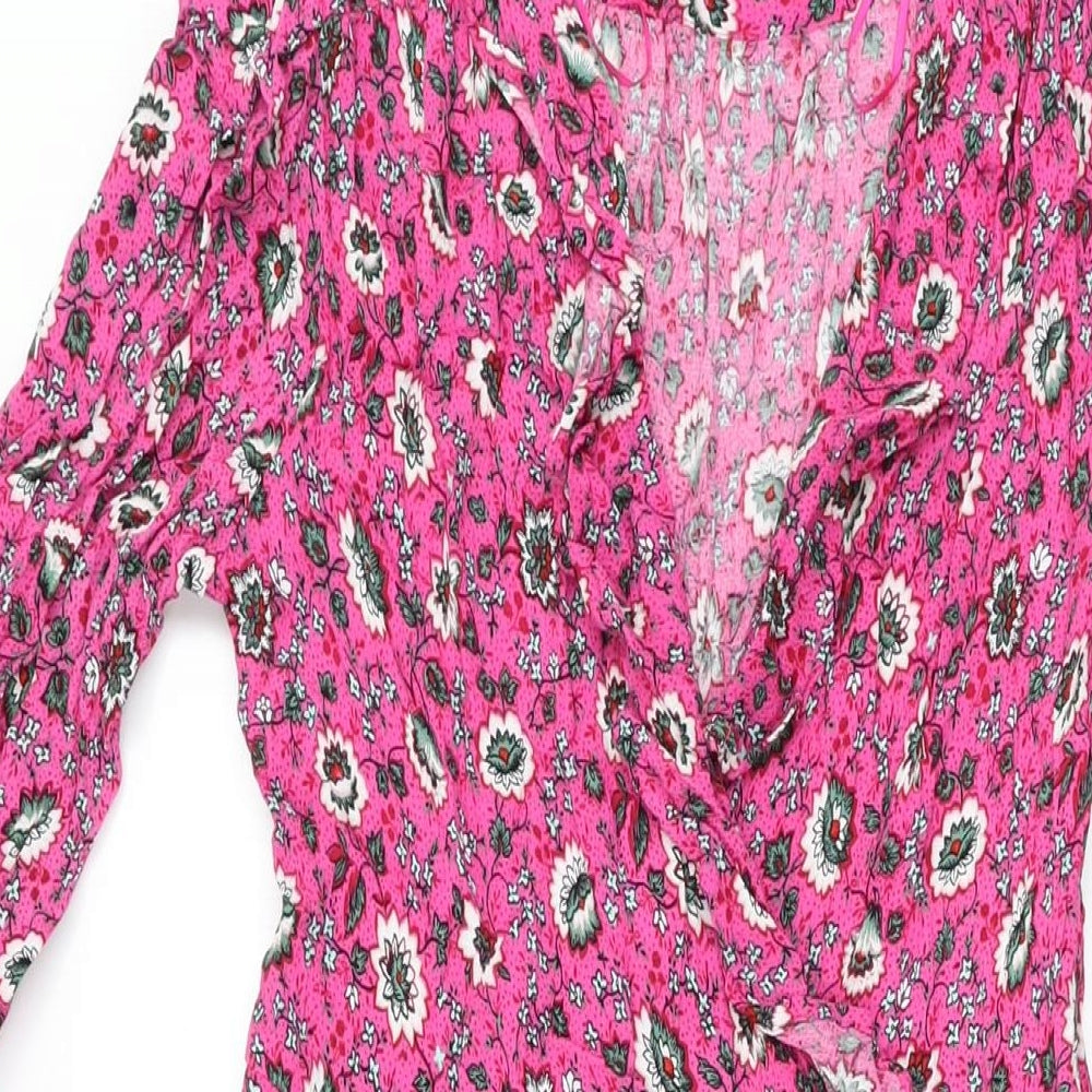 Per Una Womens Pink Floral Viscose A-Line Size 10 V-Neck Zip