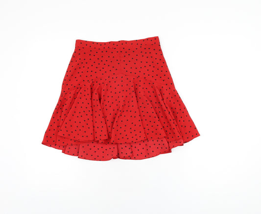 Topshop Womens Red Geometric Polyester Skater Skirt Size 8 Zip - Heart Print