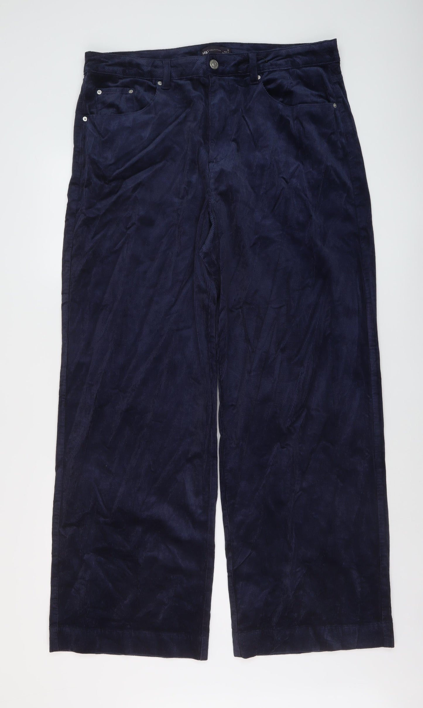 Marks and Spencer Womens Blue Cotton Trousers Size 18 L30 in Regular Button