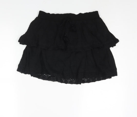 Accessorize Womens Black Cotton Mini Skirt Size M Drawstring - Layered Lace Trim