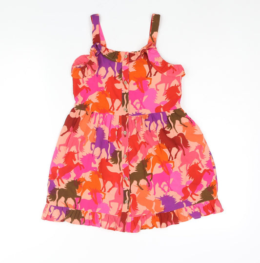 NEXT Girls Multicoloured Geometric Polyester A-Line Size 8 Years Scoop Neck Button - Horse Print Frill