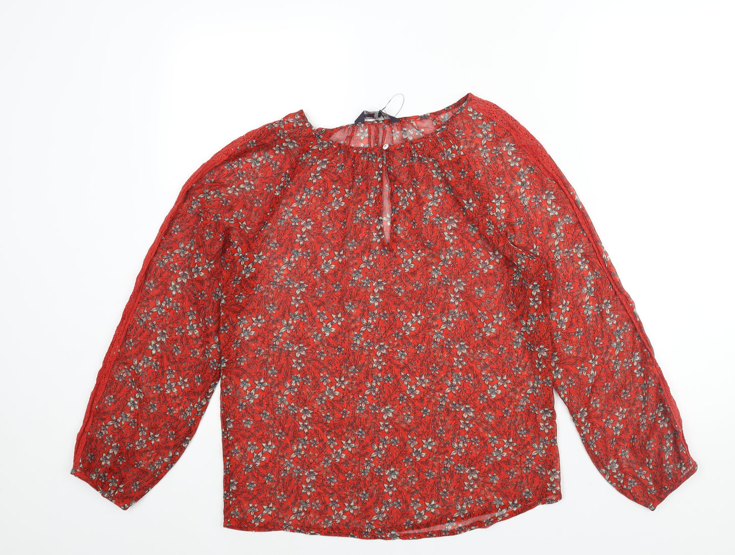 Marks and Spencer Womens Red Floral Polyester Basic Blouse Size 6 Round Neck - Semi Sheer Keyhole Neck