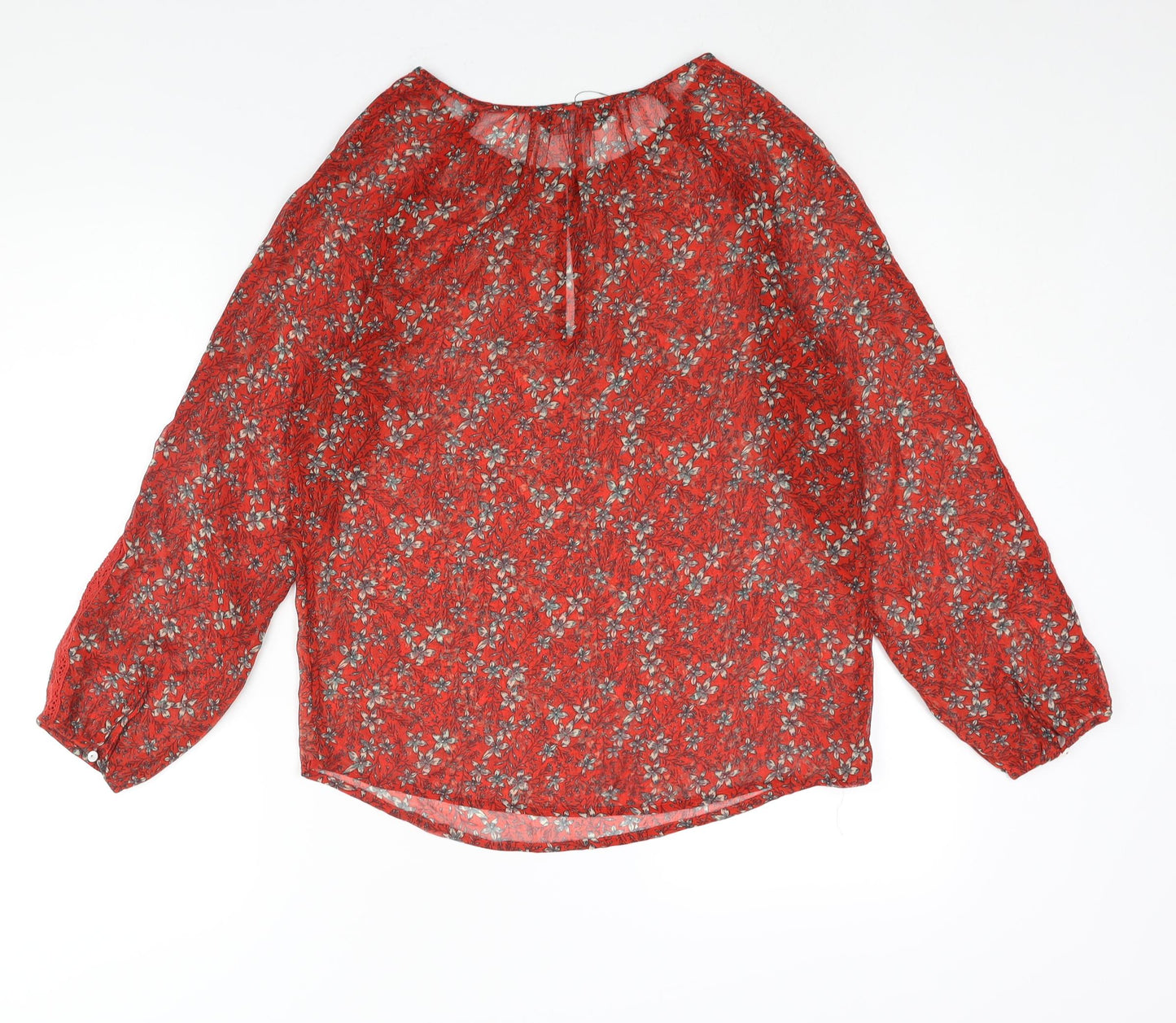 Marks and Spencer Womens Red Floral Polyester Basic Blouse Size 6 Round Neck - Semi Sheer Keyhole Neck