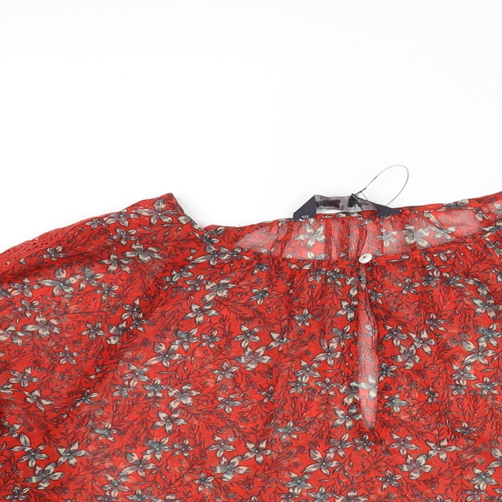 Marks and Spencer Womens Red Floral Polyester Basic Blouse Size 6 Round Neck - Semi Sheer Keyhole Neck