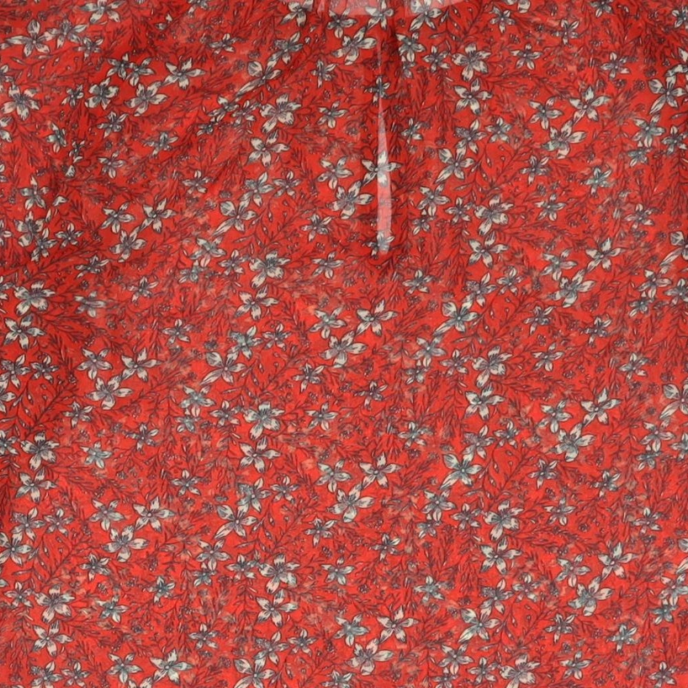 Marks and Spencer Womens Red Floral Polyester Basic Blouse Size 6 Round Neck - Semi Sheer Keyhole Neck