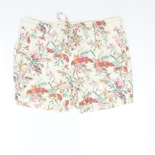 Marks and Spencer Womens Multicoloured Floral Linen Basic Shorts Size 14 L4 in Regular Drawstring