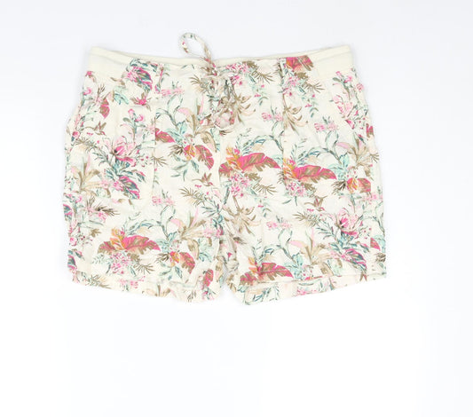 Marks and Spencer Womens Multicoloured Floral Linen Basic Shorts Size 14 L4 in Regular Drawstring