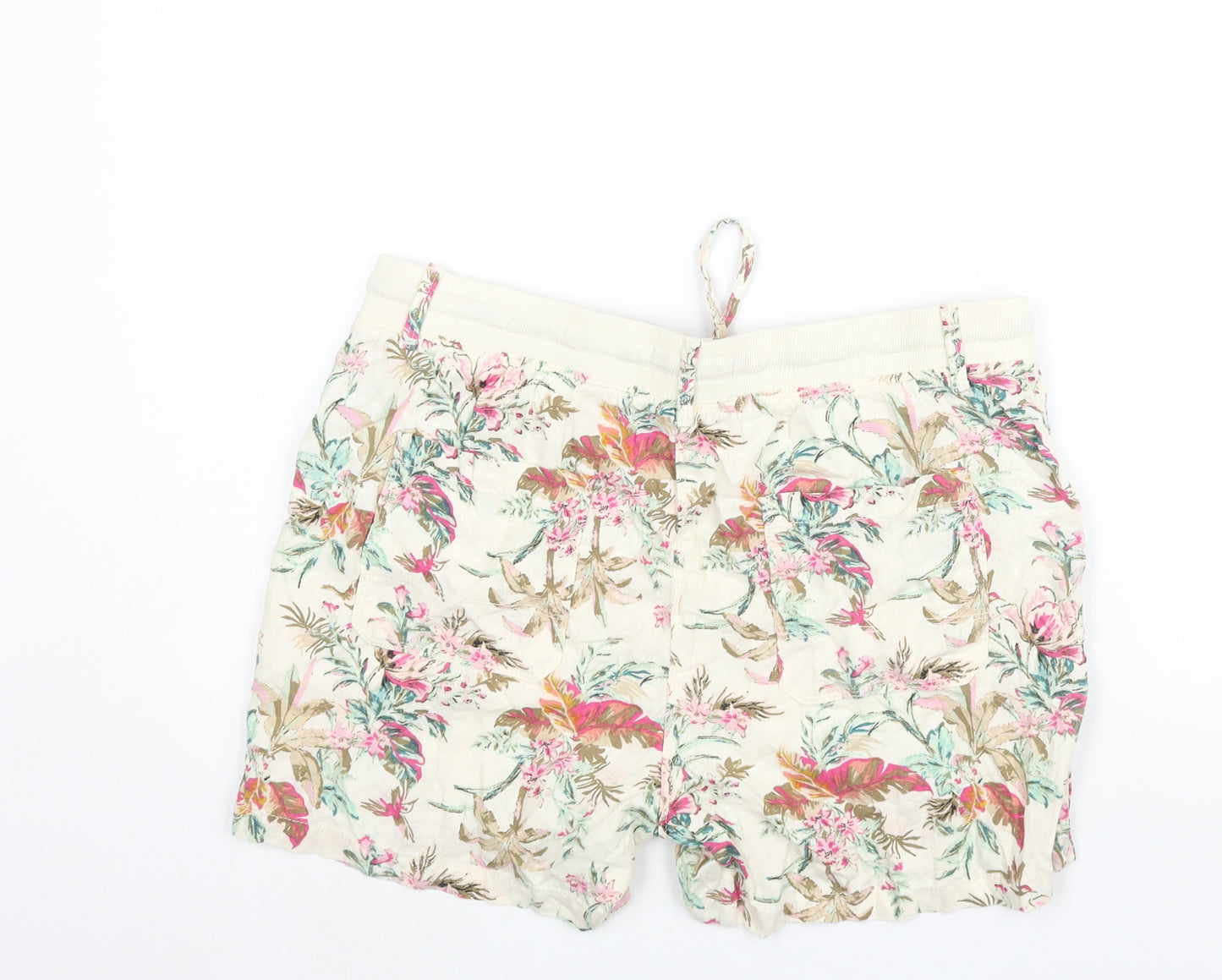 Marks and Spencer Womens Multicoloured Floral Linen Basic Shorts Size 14 L4 in Regular Drawstring