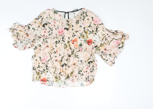 Zara Womens Pink Floral Viscose Basic Blouse Size L Round Neck - Frill Sleeve