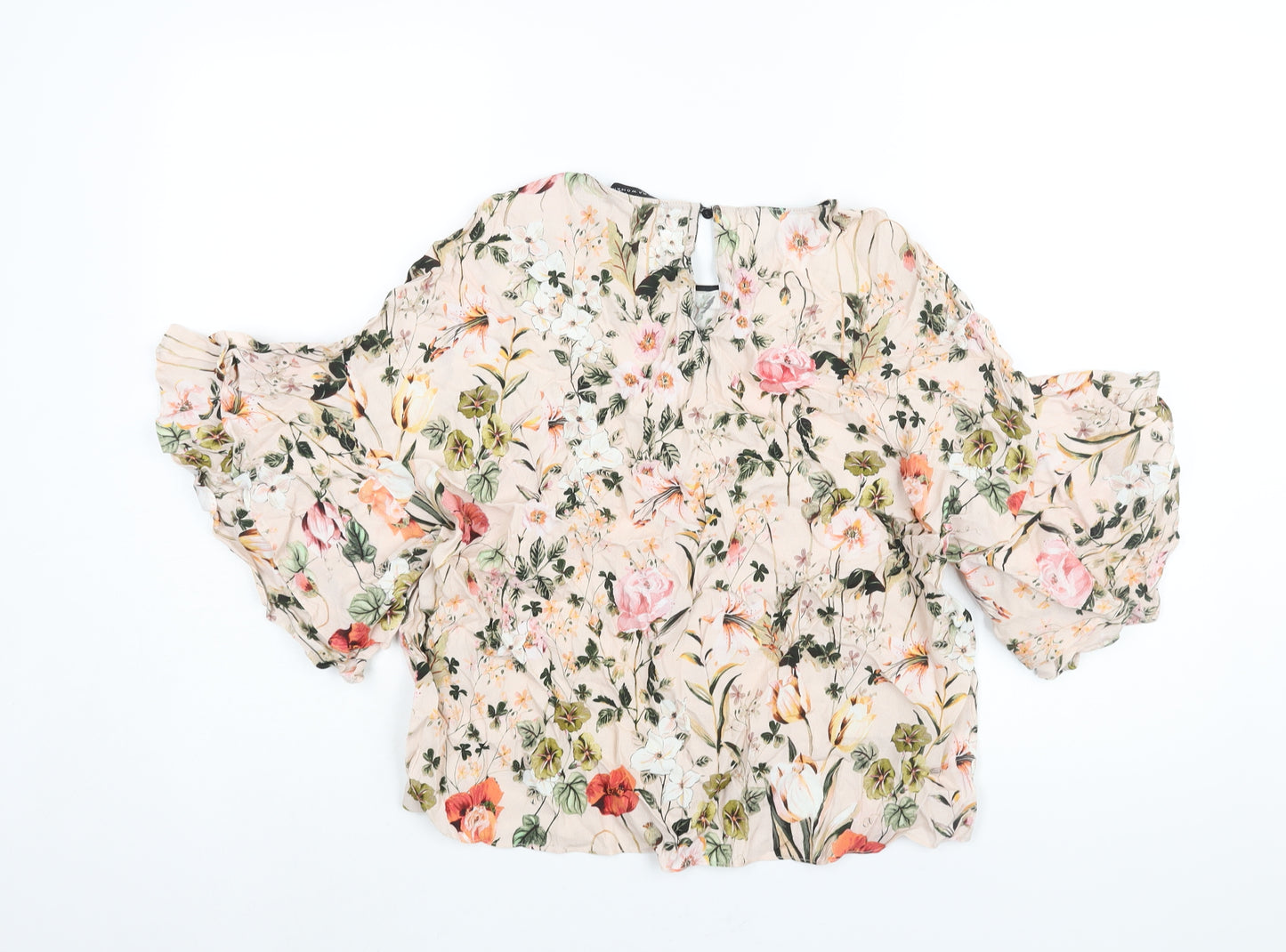 Zara Womens Pink Floral Viscose Basic Blouse Size L Round Neck - Frill Sleeve