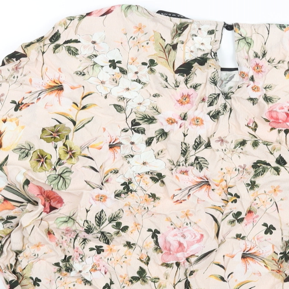 Zara Womens Pink Floral Viscose Basic Blouse Size L Round Neck - Frill Sleeve