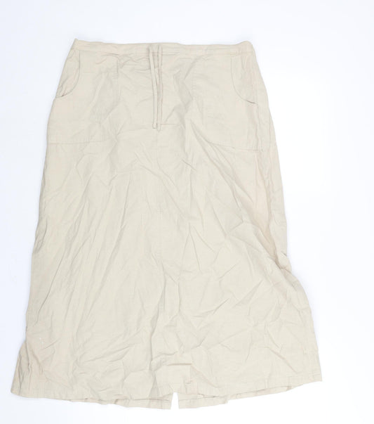 EWM Womens Beige Cotton A-Line Skirt Size 16 Drawstring - Vented Floral Embroidery Detail