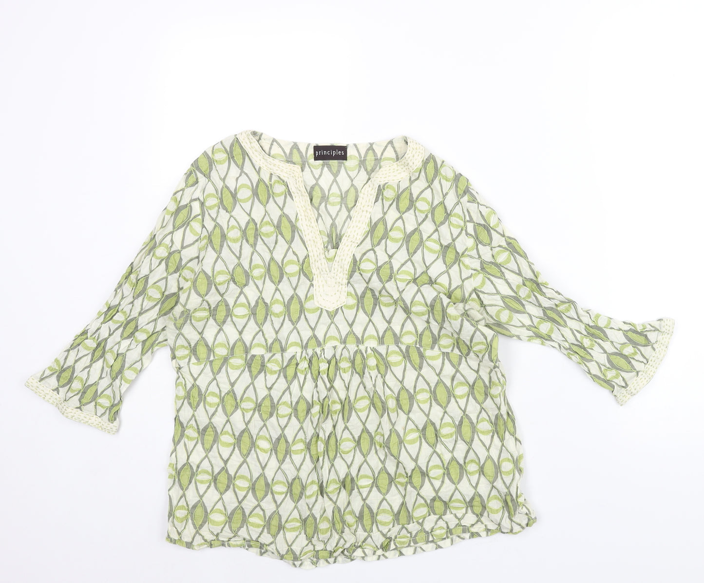 Principles Womens Green Geometric Cotton Basic Blouse Size 16 V-Neck