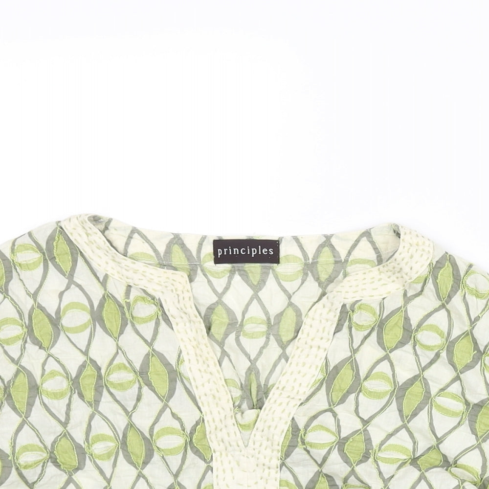 Principles Womens Green Geometric Cotton Basic Blouse Size 16 V-Neck